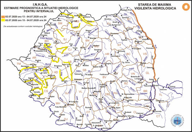 Cod galben de inundaţii pe râuri din Transilvania şi Banat şi cod portocaliu pe Prut