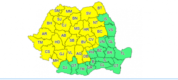 Cod galben de ploi torentiale, în mare parte din țară, până joi seară