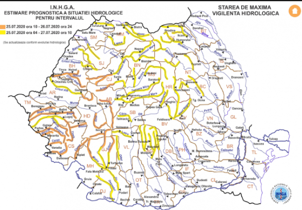 Cod galben şi Cod portocaliu de inundaţii în 8 bazine hidrografice, până duminică