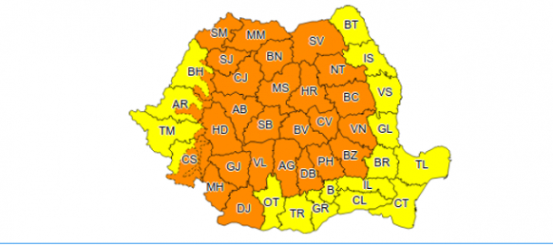 Cod&nbsp;portocaliu de ploi abundente, instabilitate atmosferică accentuată, sâmbătă și duminică. Este vizată aproape toată țara