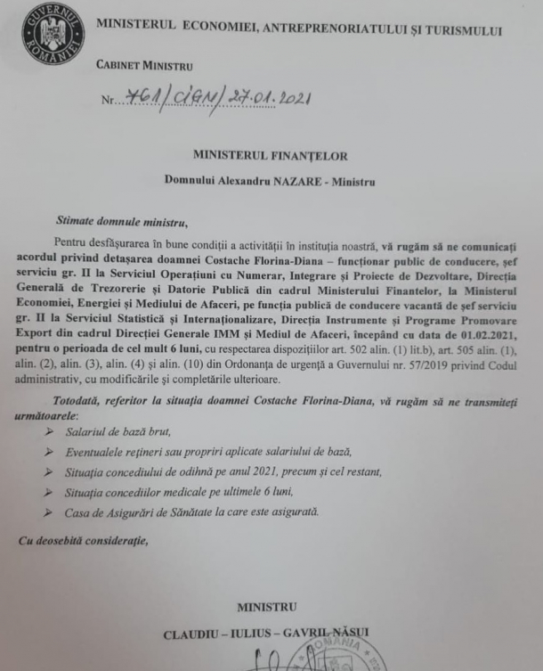 adresa trimisa de Claudiu Nasui ministrului finantelor, pentru transferul Florinei Costache