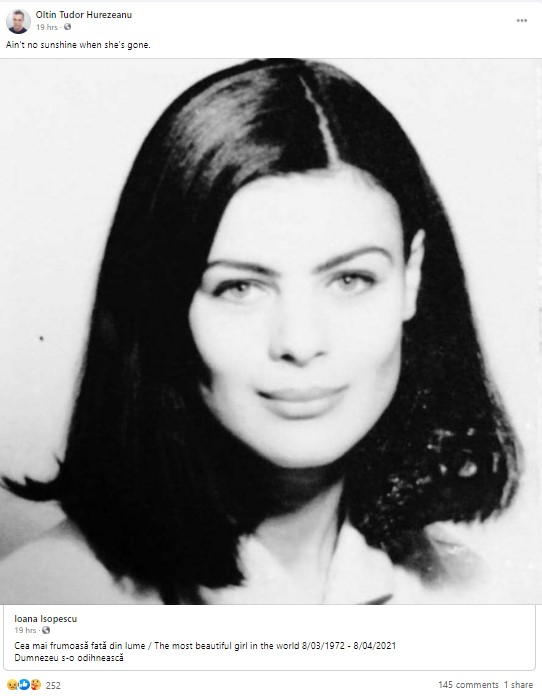 Catalina Isopescu, tanara, in postarea în care se anunță decesul ei